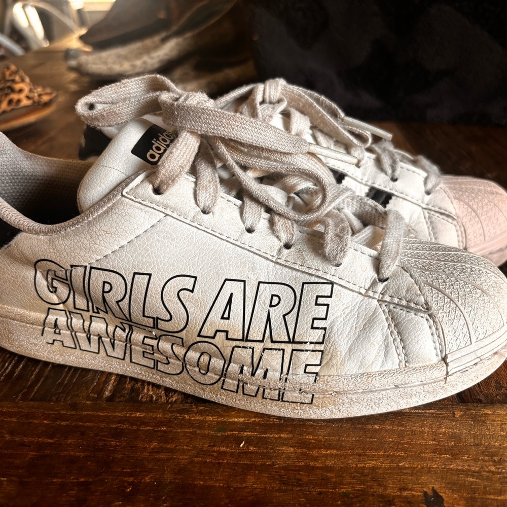 Adidas Kids white Sneakers with text GIRLS ARE AWESOME
